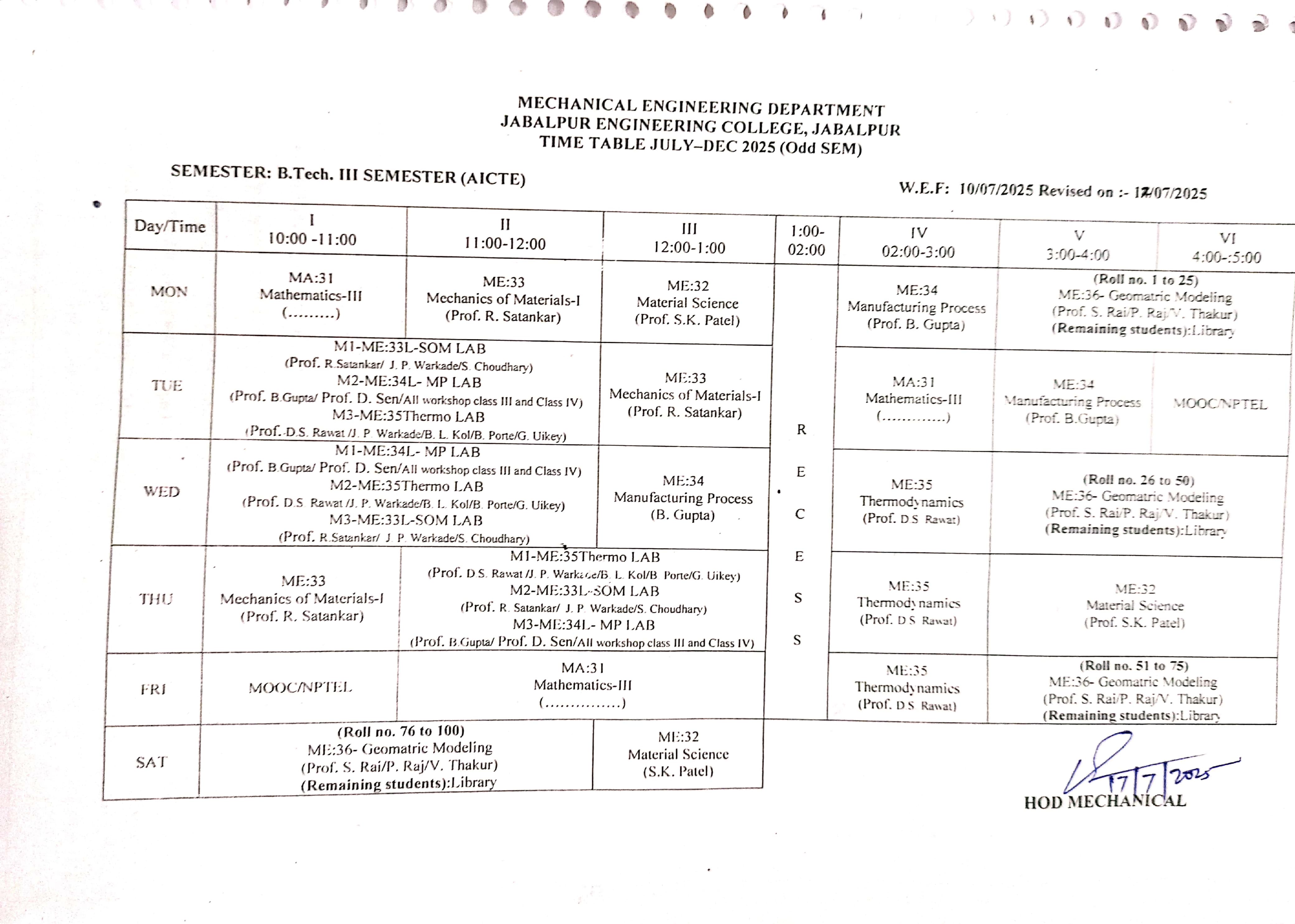 ME Btech 3rd time table25