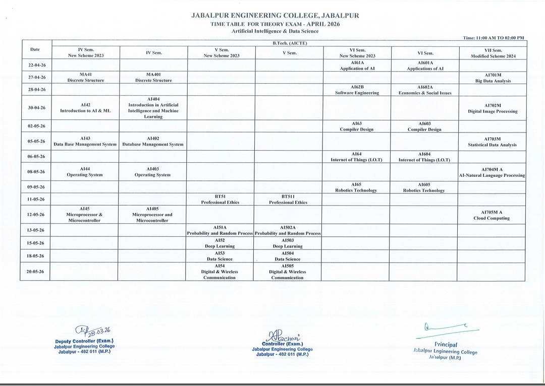 Final exam time table Dec June 2026